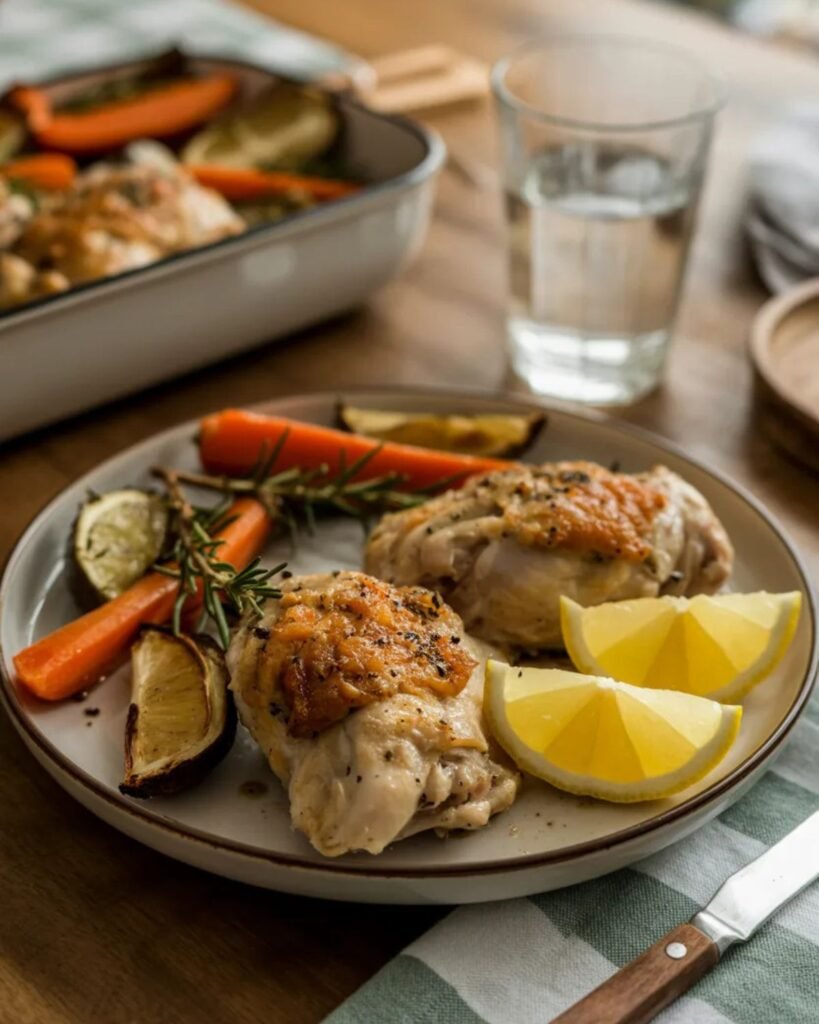Crispy baked chicken thighs served with vegetables