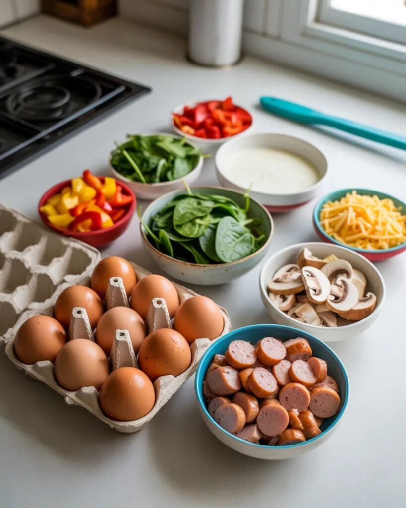 Ingredients for egg muffin cups including eggs, spinach, peppers and turkey sausage