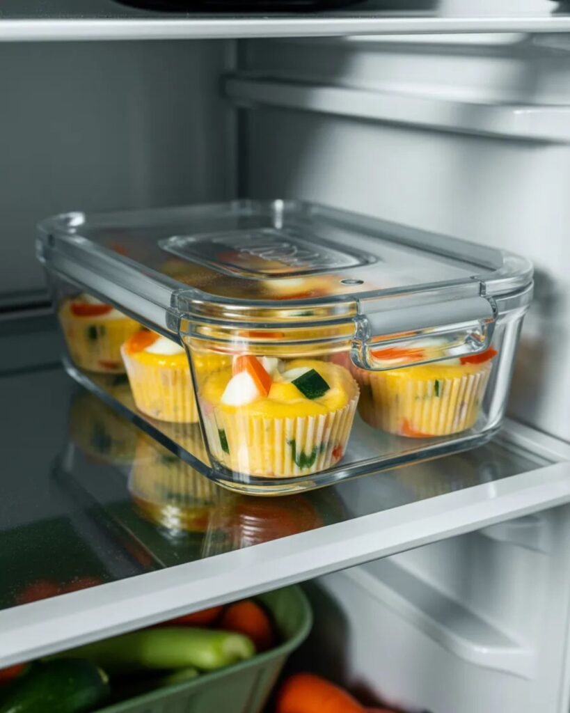 High protein egg muffin cups stored in a glass container for meal prep