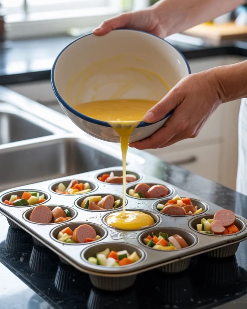 Pouring egg mixture into muffin tin with vegetables for baked egg cups