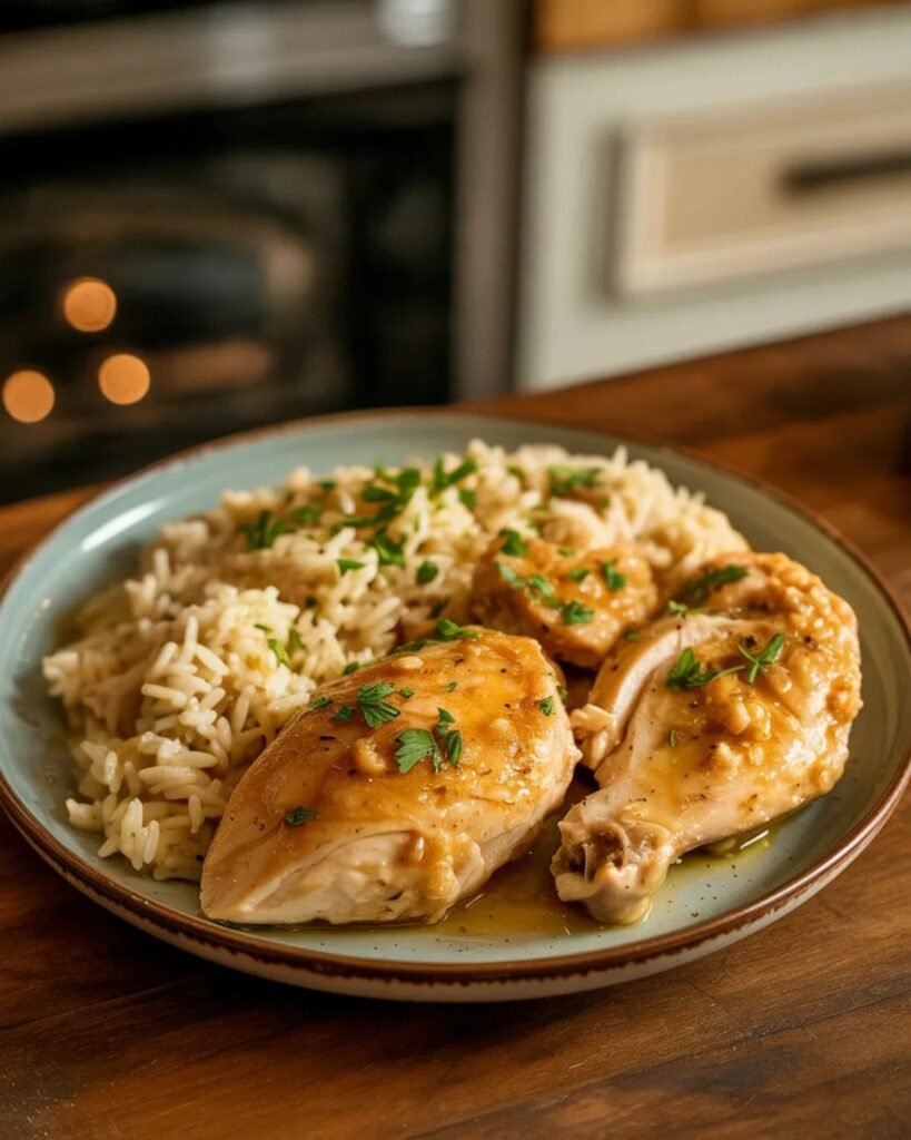 Garlic butter chicken and rice served on a plate with fresh parsley
