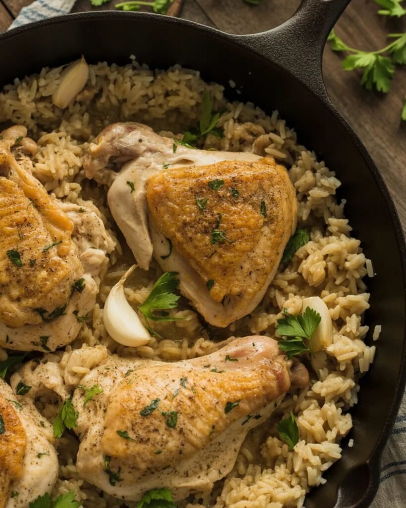 Top view close-up of garlic butter chicken and rice cooked in a skillet with parsley