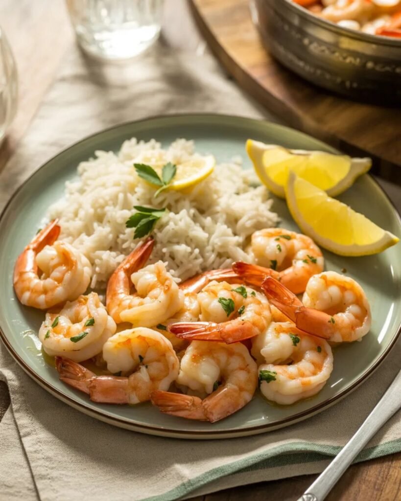 Garlic butter shrimp served with rice and lemon wedges