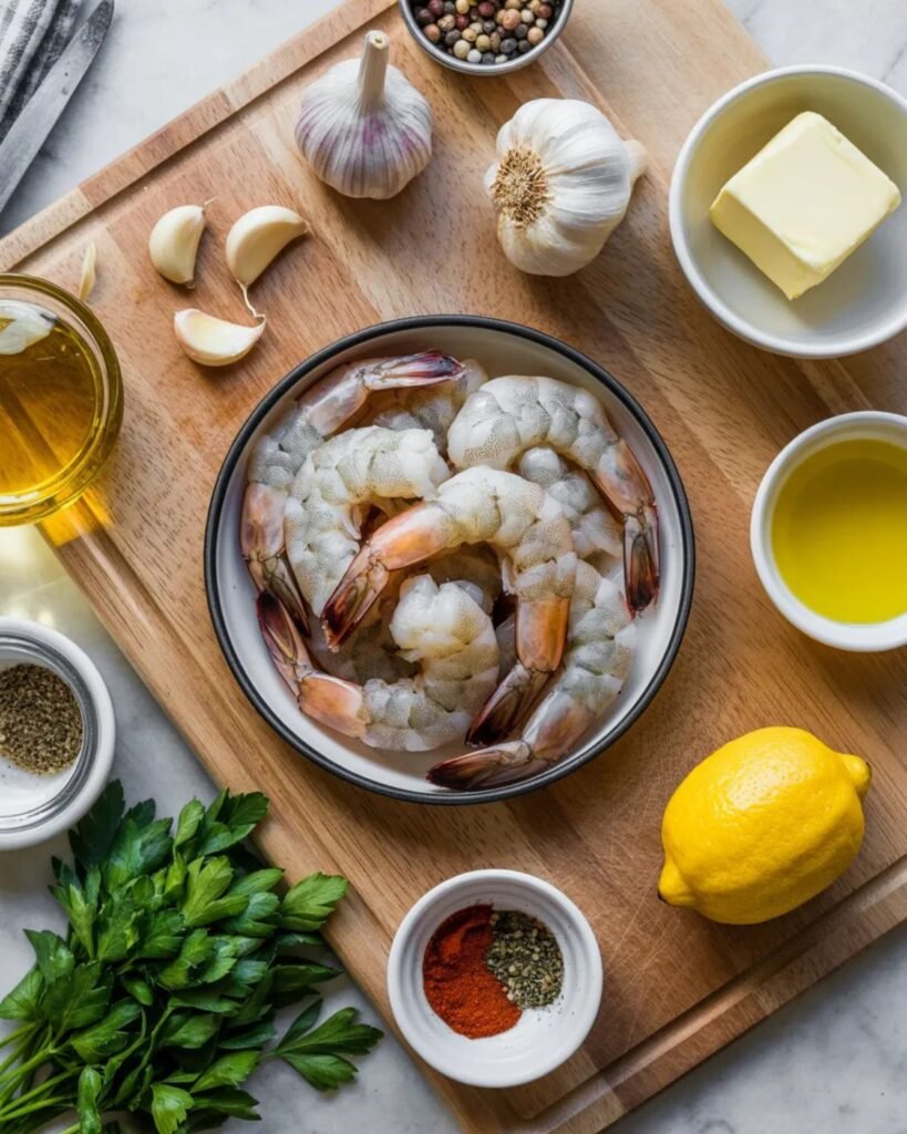 Ingredients for garlic butter shrimp including shrimp garlic butter and lemon