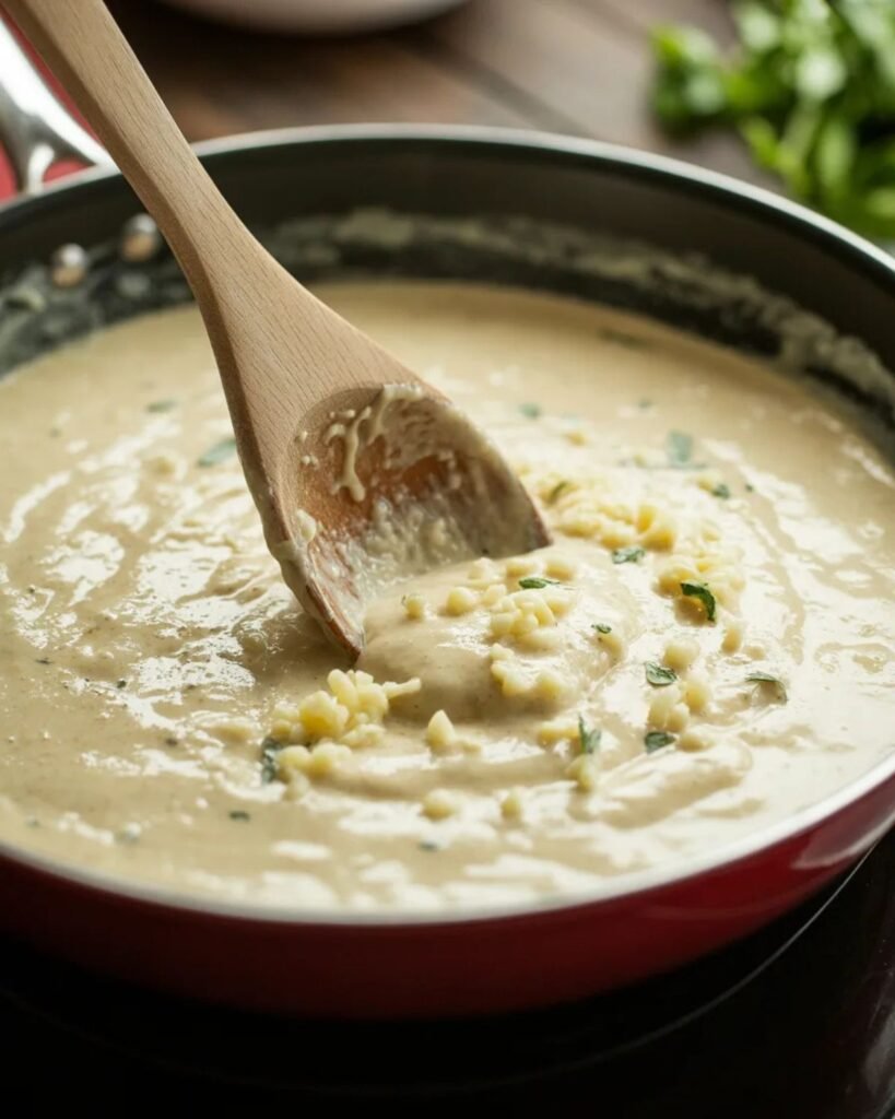 Garlic cream sauce cooking in skillet for creamy garlic chicken