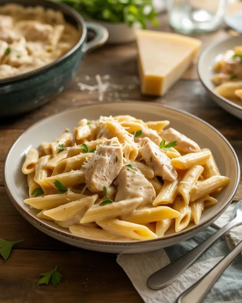 Creamy garlic parmesan chicken pasta served in a bowl with parsley and parmesan