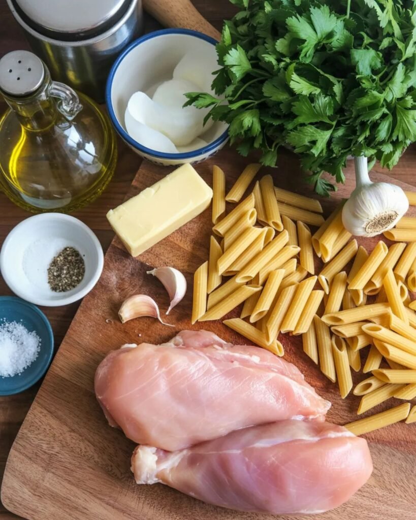 Ingredients for garlic parmesan chicken pasta including chicken, pasta, garlic, parmesan and cream
