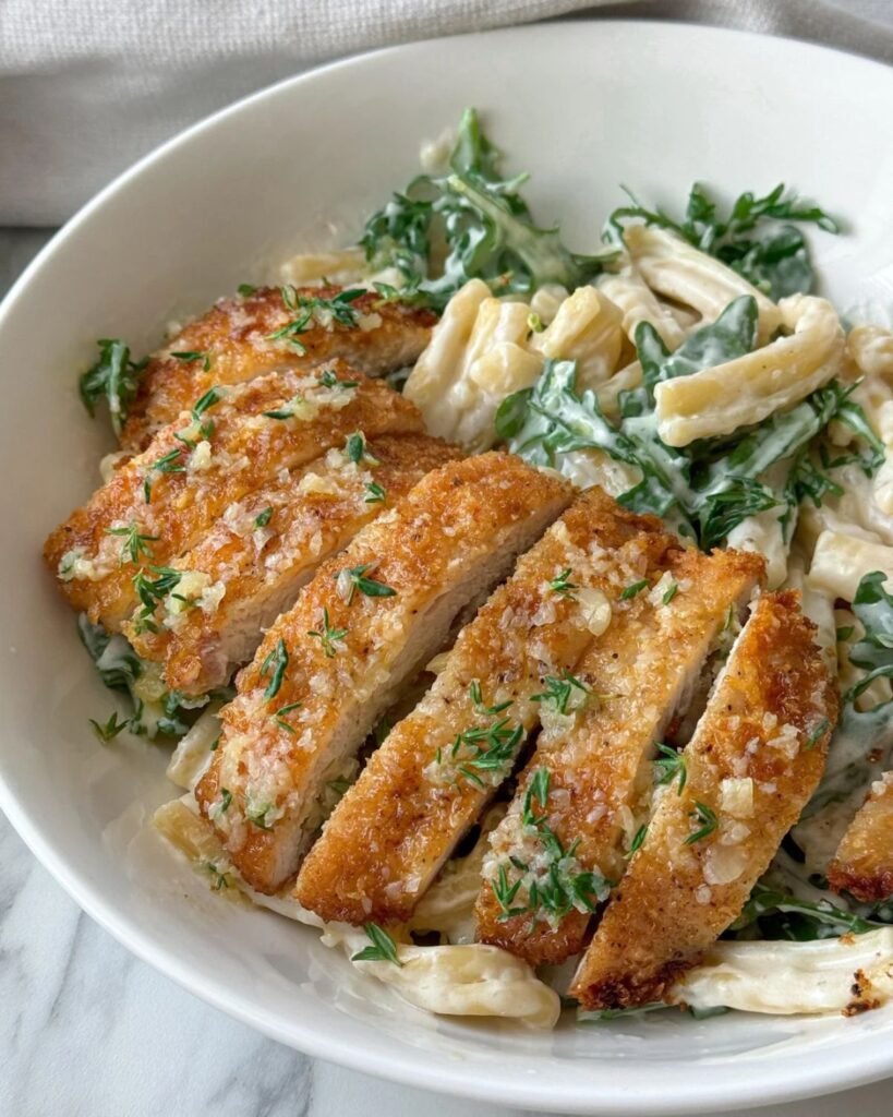Creamy garlic parmesan chicken pasta in a skillet with penne and parmesan sauce