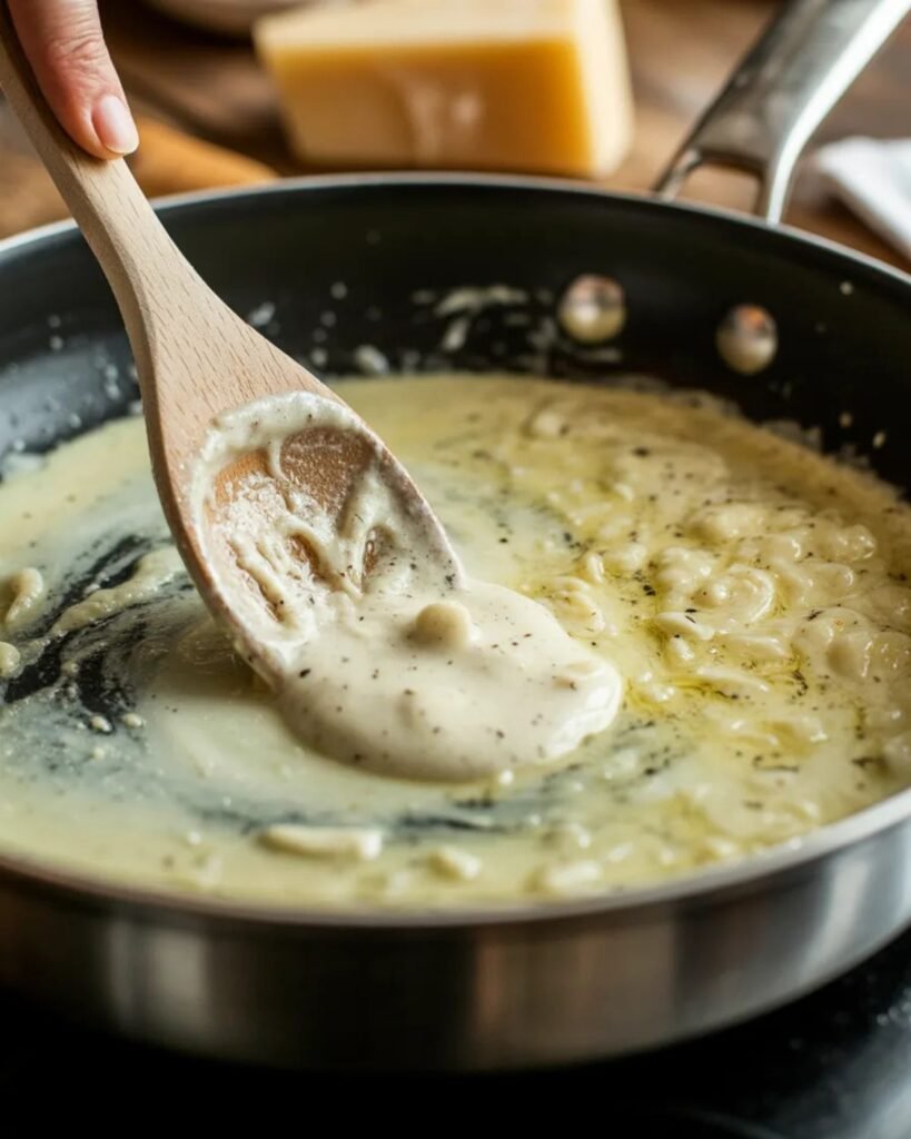 Creamy garlic parmesan sauce cooking in a skillet