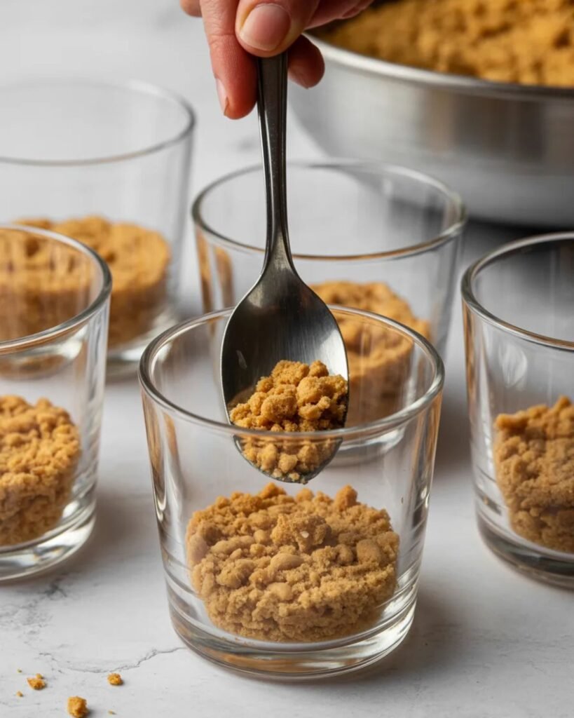 graham cracker crust being added to strawberry cheesecake cups