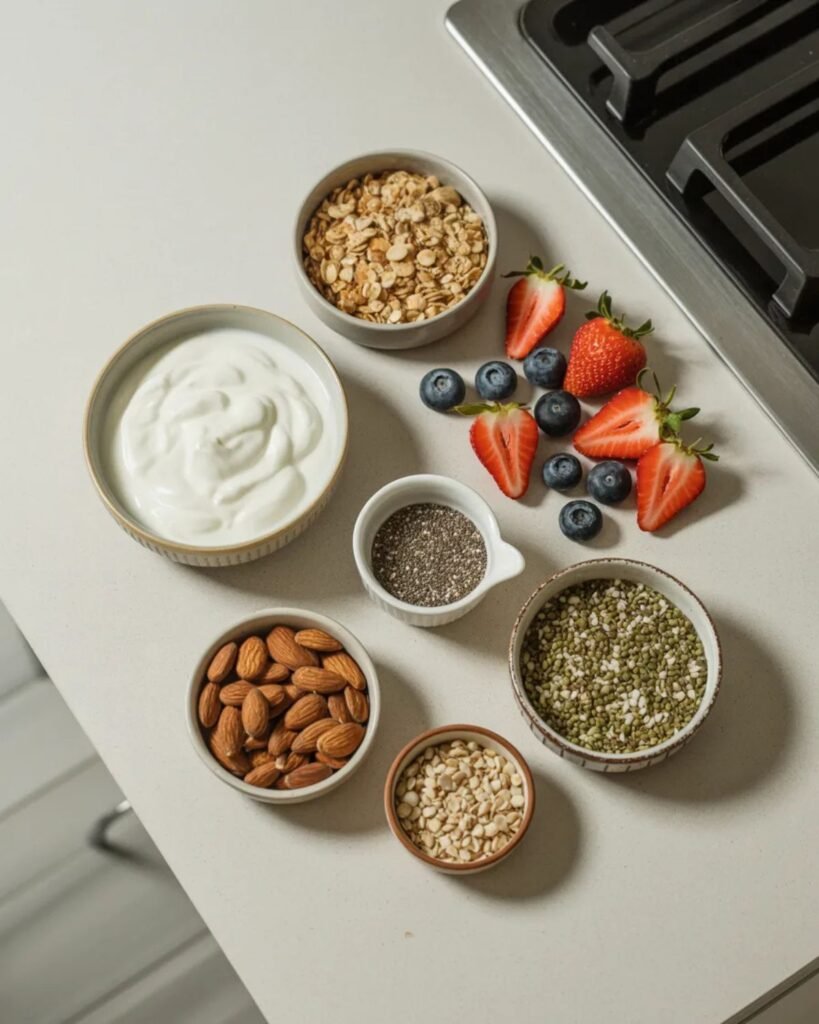 Ingredients for Greek yogurt parfait including plain Greek yogurt, fresh berries and natural granola