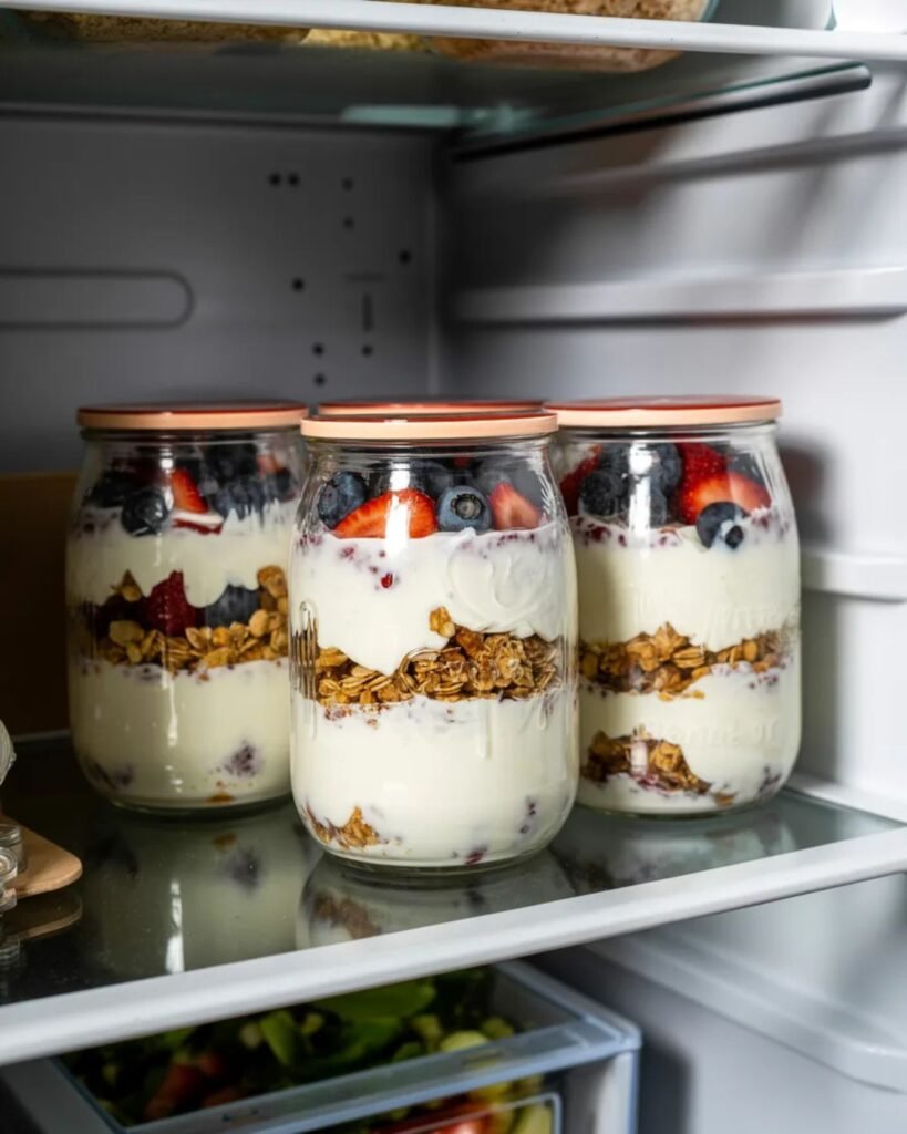 Greek yogurt parfait meal prep jars stored in the fridge
