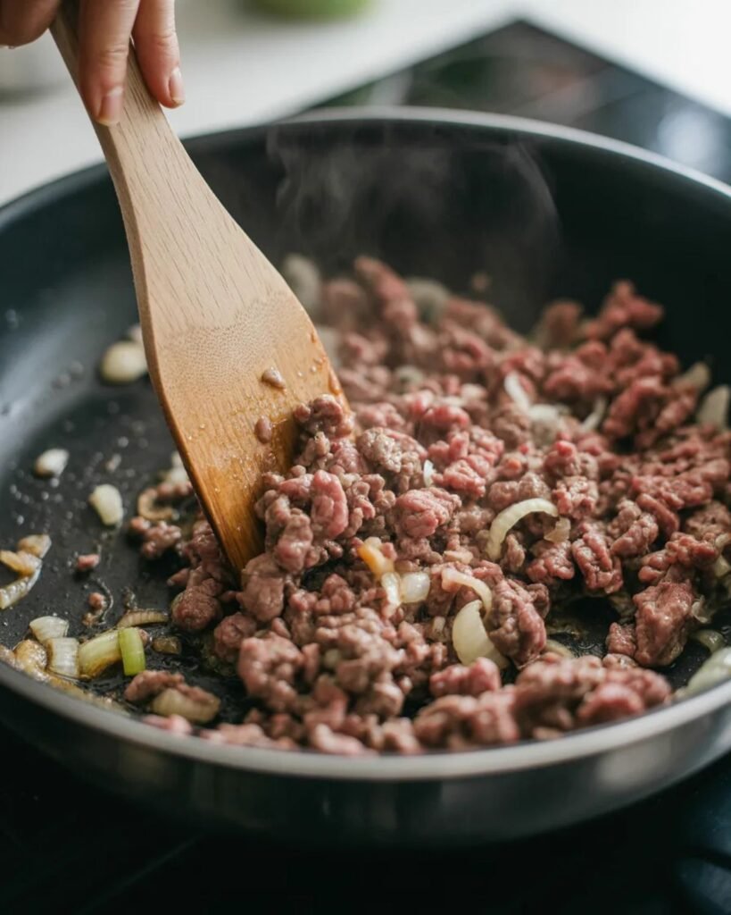 Ground beef cooking in skillet for homemade tacos