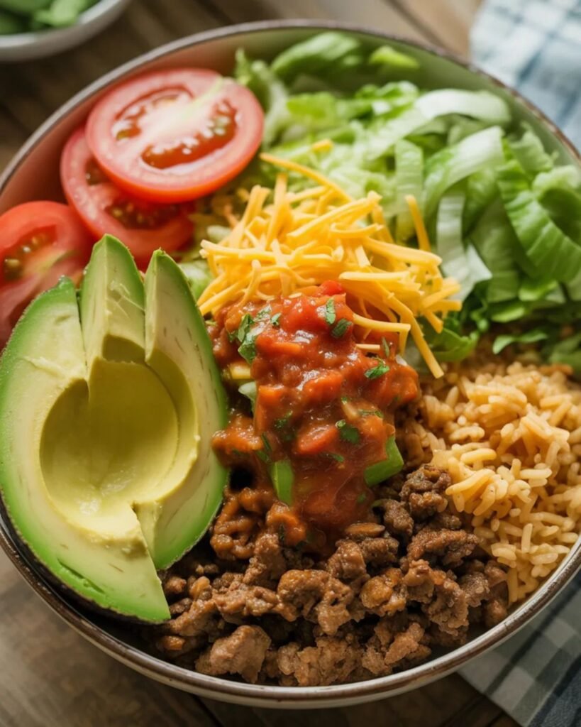 ground beef taco bowl with rice avocado tomatoes and lettuce