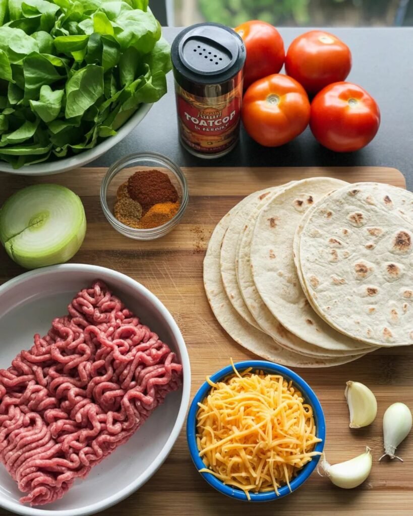 Ingredients for ground beef tacos including beef tortillas lettuce tomatoes and cheese
