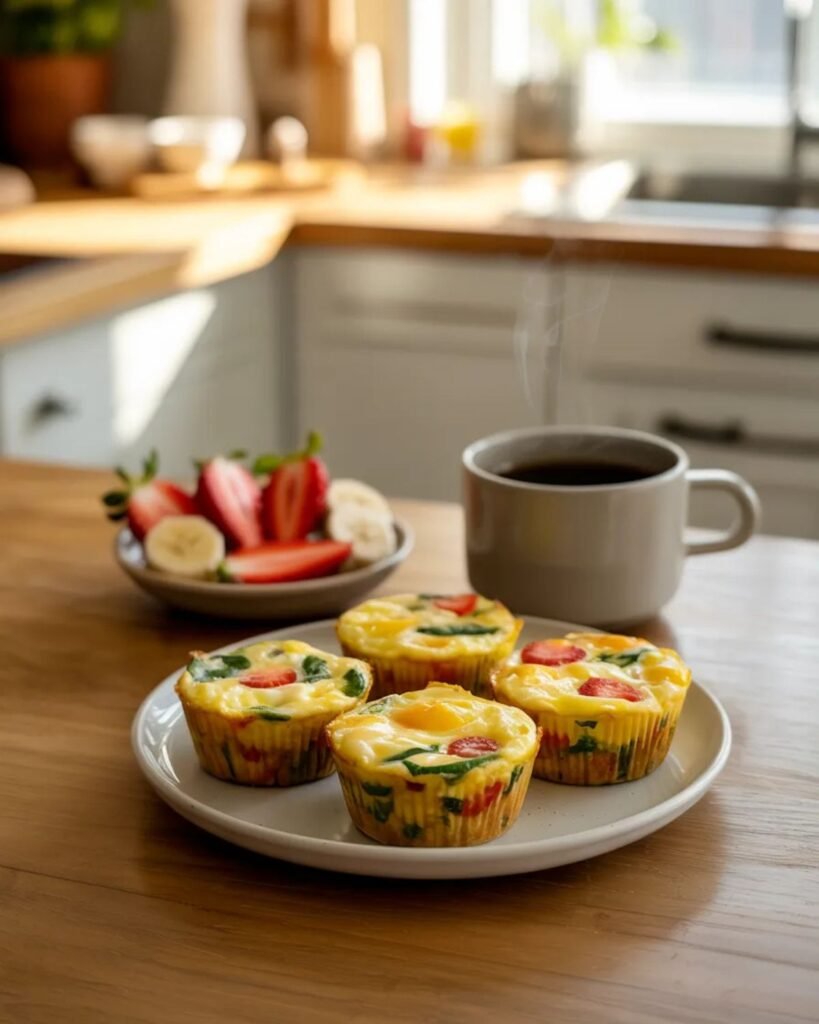 Healthy egg muffin breakfast served with coffee and fresh fruit