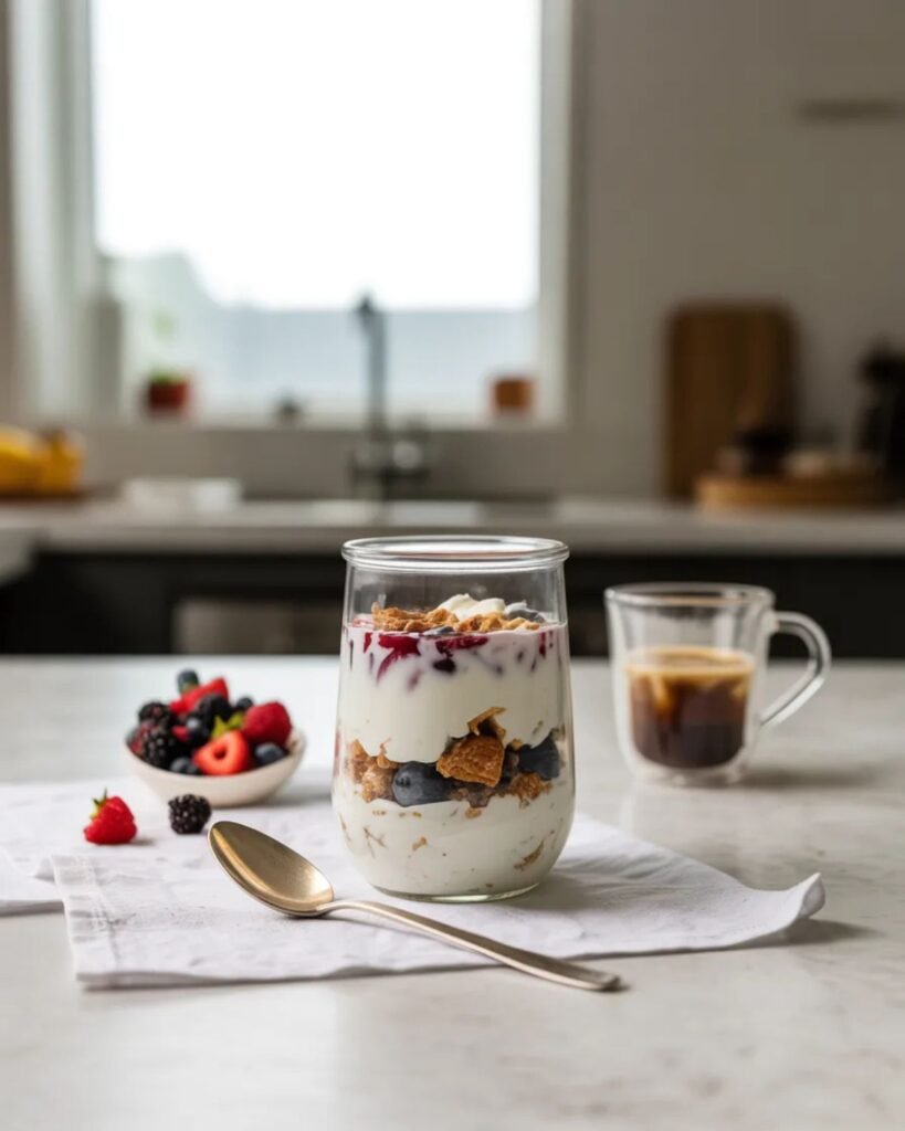Healthy Greek yogurt parfait served for breakfast with fresh fruit and granola