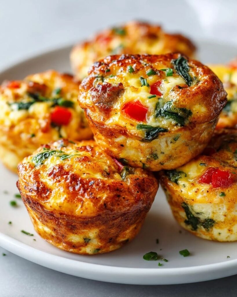 High protein egg muffin cups with spinach and bell peppers on a white plate