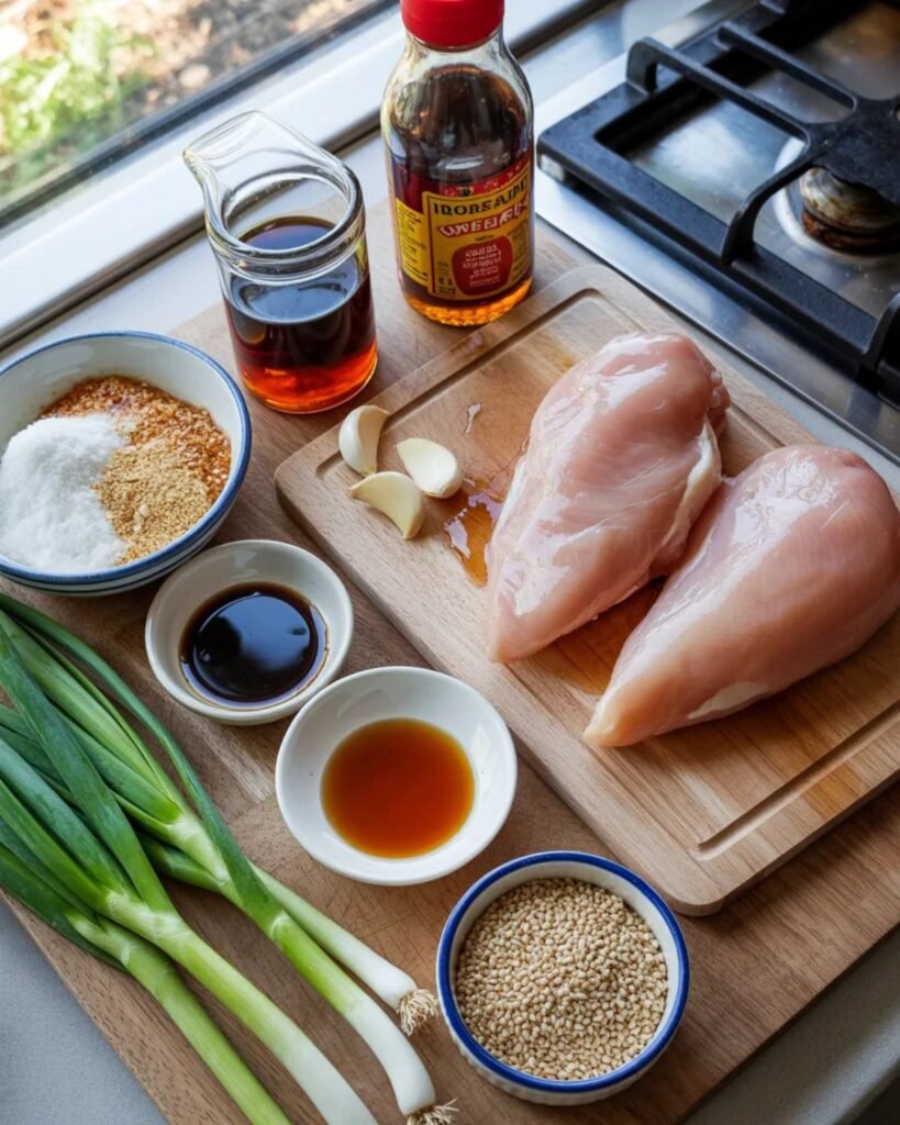 Ingredients for honey garlic chicken including chicken, honey, garlic, and soy sauce