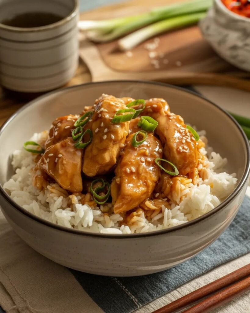 Honey garlic chicken served over rice with green onions and sesame seeds