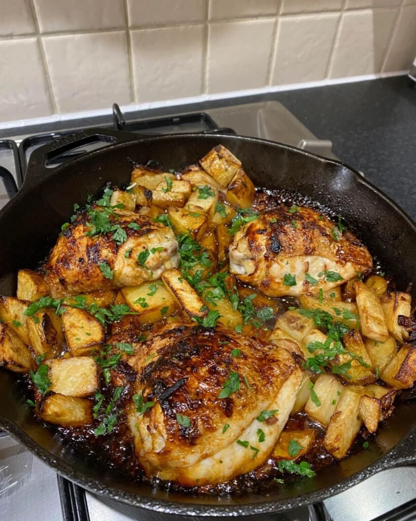 Honey garlic chicken coated in a sticky sauce cooking in a skillet