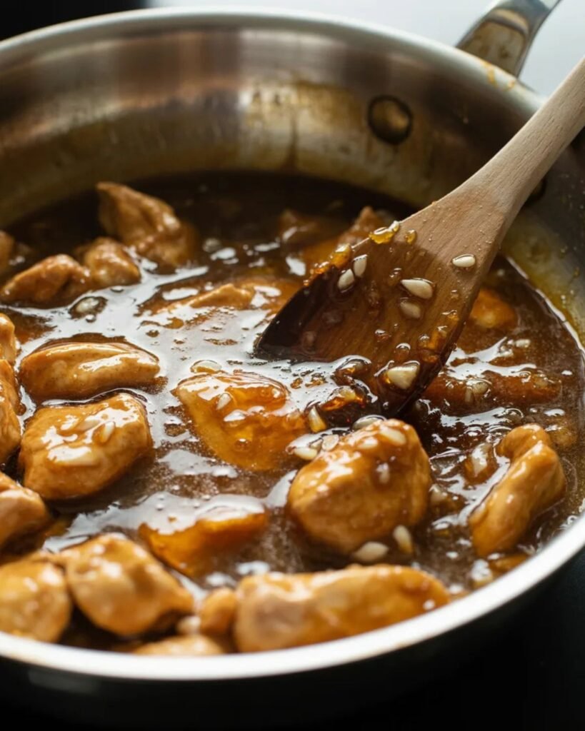 Honey garlic sauce thickening in a skillet with chicken pieces