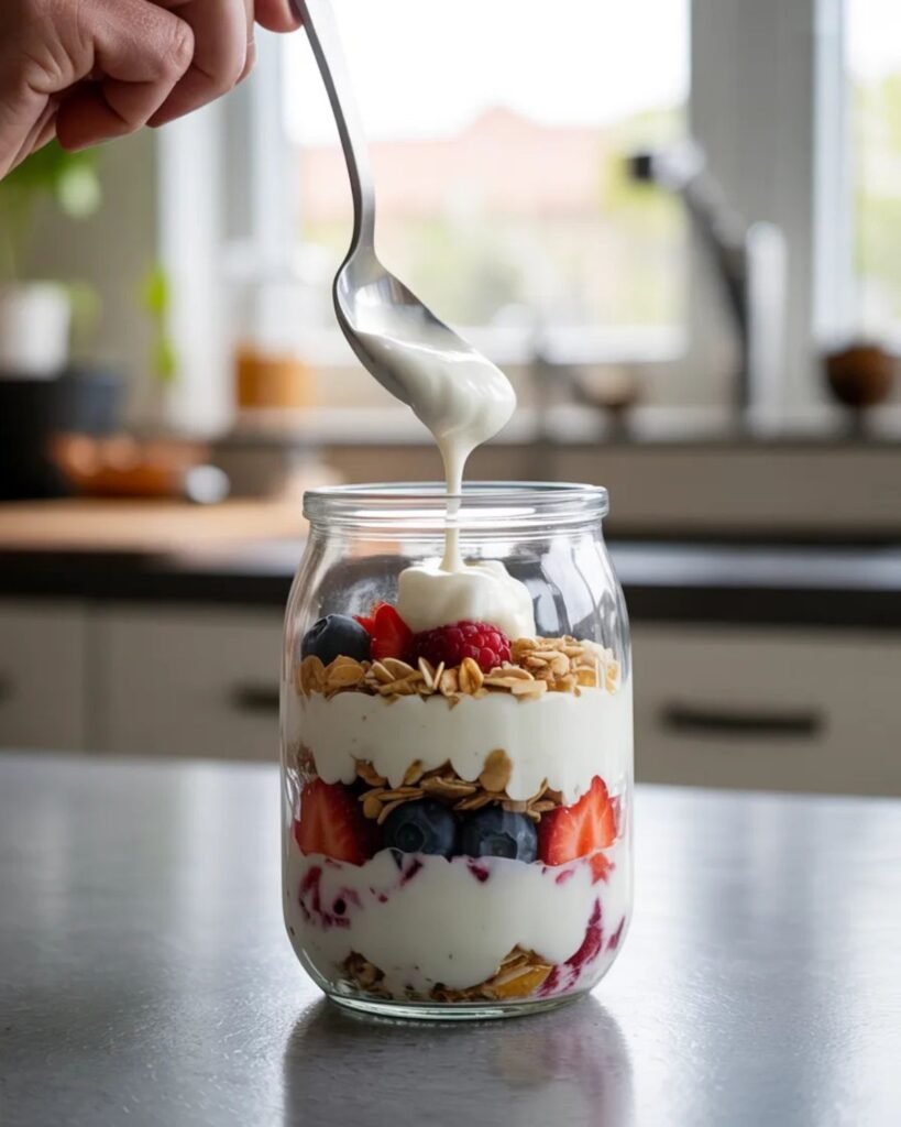 Layering Greek yogurt, strawberries and granola in a glass for a healthy breakfast parfait