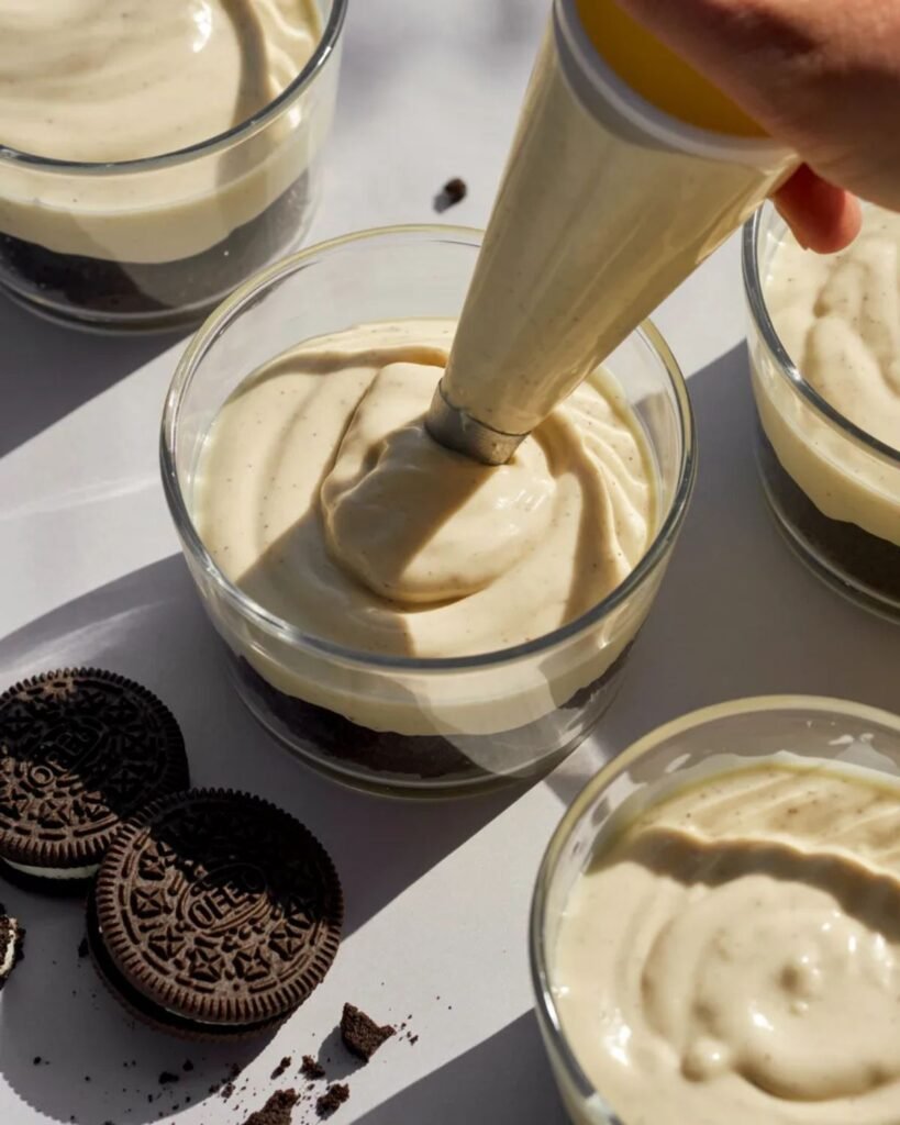 layering creamy filling into Oreo dessert cups