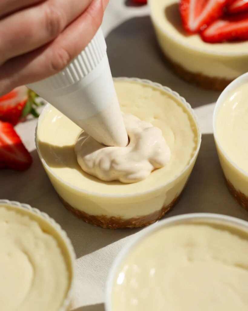 layering creamy filling into strawberry cheesecake cups