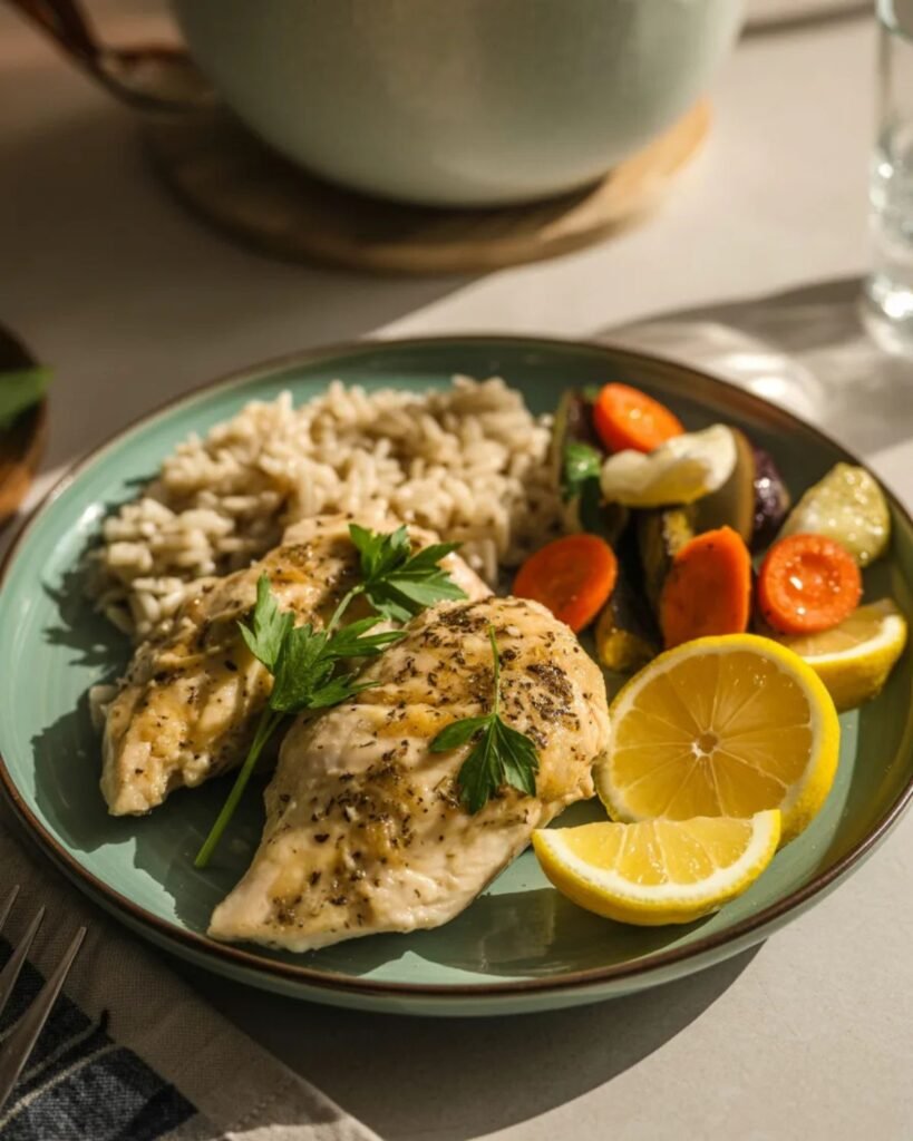 Lemon garlic chicken served with vegetables and rice on a dinner plate