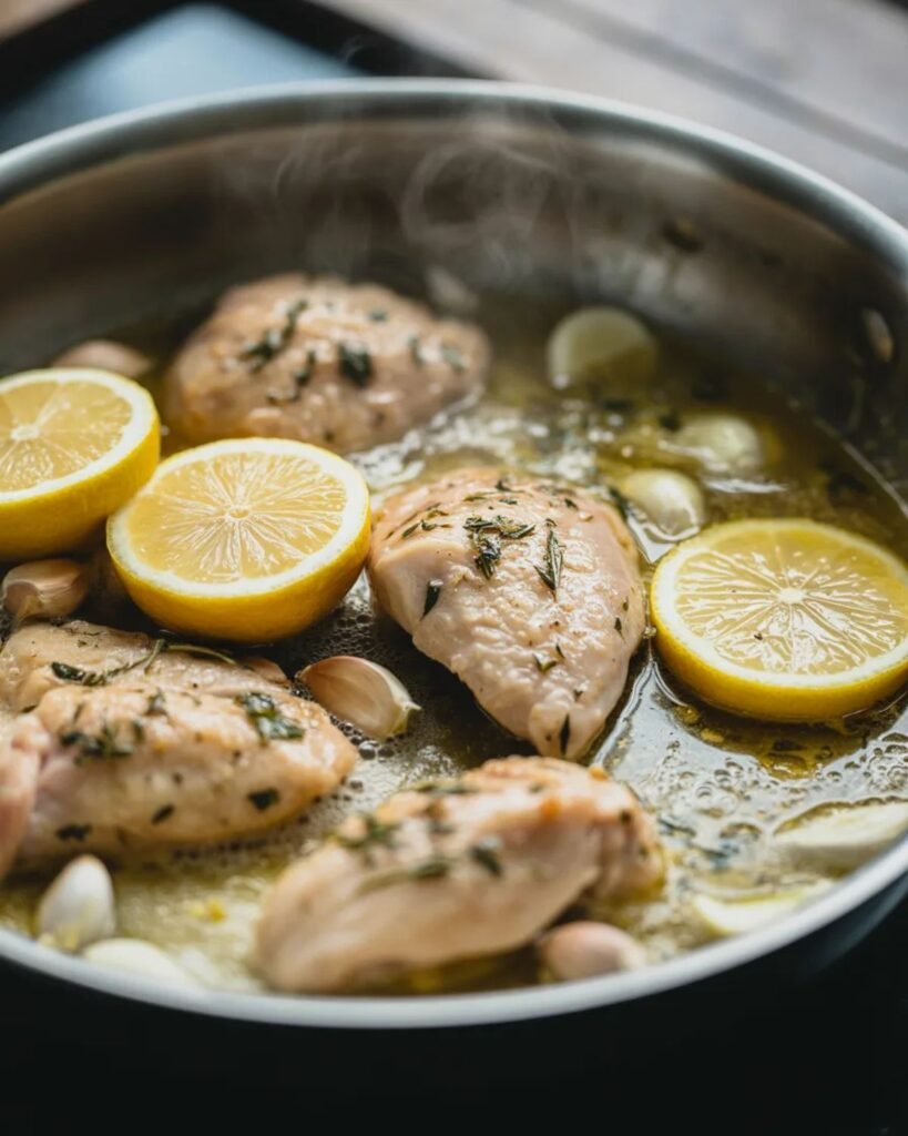 Chicken simmering in lemon garlic sauce with lemon slices and garlic