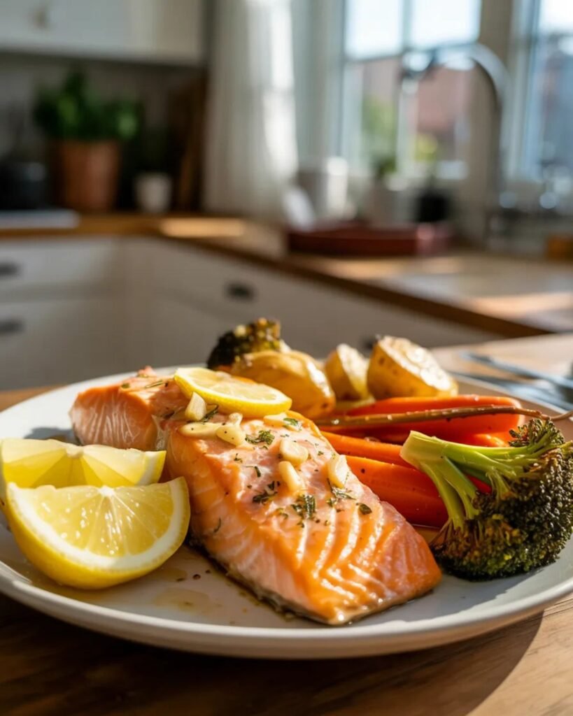 baked lemon garlic salmon served with vegetables