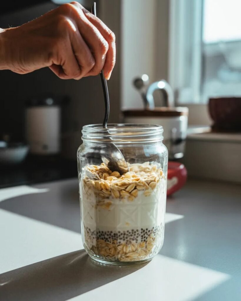 Mixing oats, yogurt, milk, and chia seeds in a jar to make high protein overnight oats