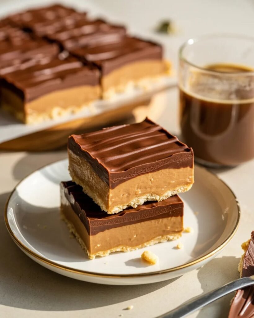 slice of no bake chocolate peanut butter bars served on plate with coffee