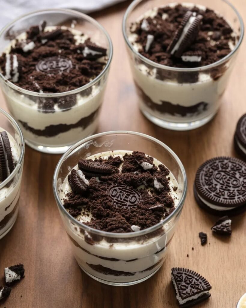 no bake Oreo dessert cups with creamy layers and crushed cookie topping