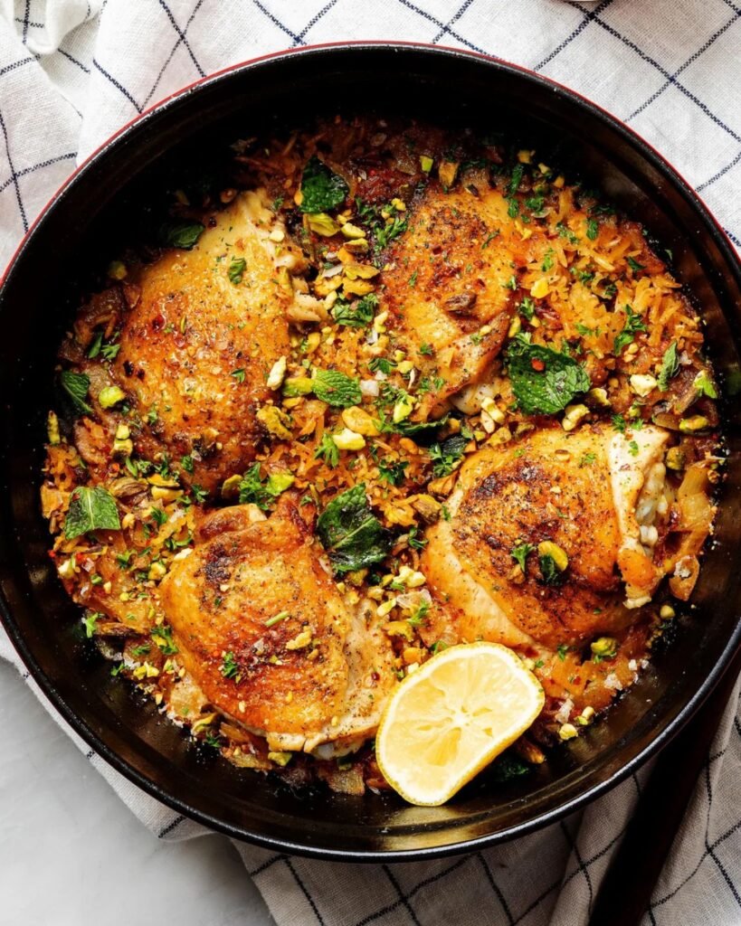 one pot chicken and rice cooked in skillet with herbs and garlic