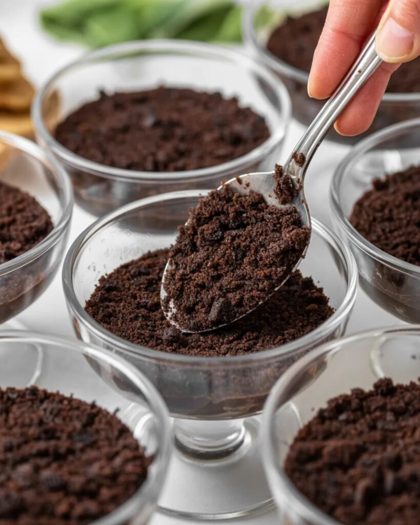 Oreo crumb crust being added to dessert cups