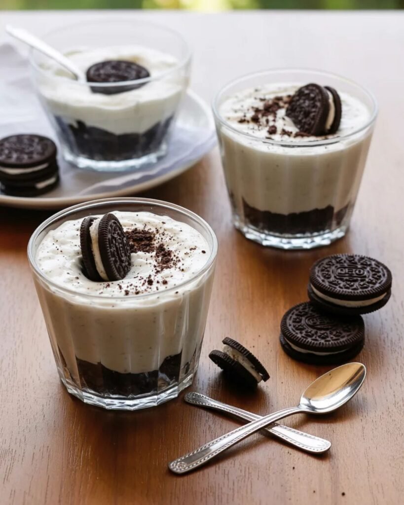 no-bake Oreo dessert cups served on table with crushed cookies