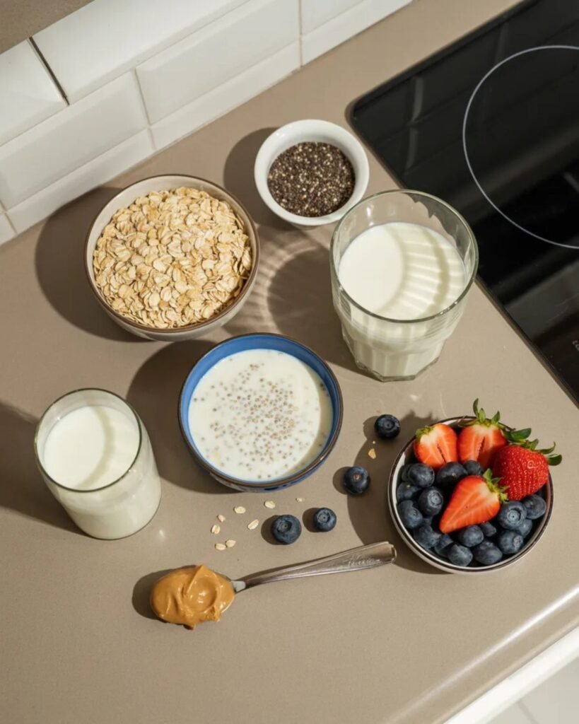 Base ingredients for high protein overnight oats including rolled oats, Greek yogurt, chia seeds, milk, and berries