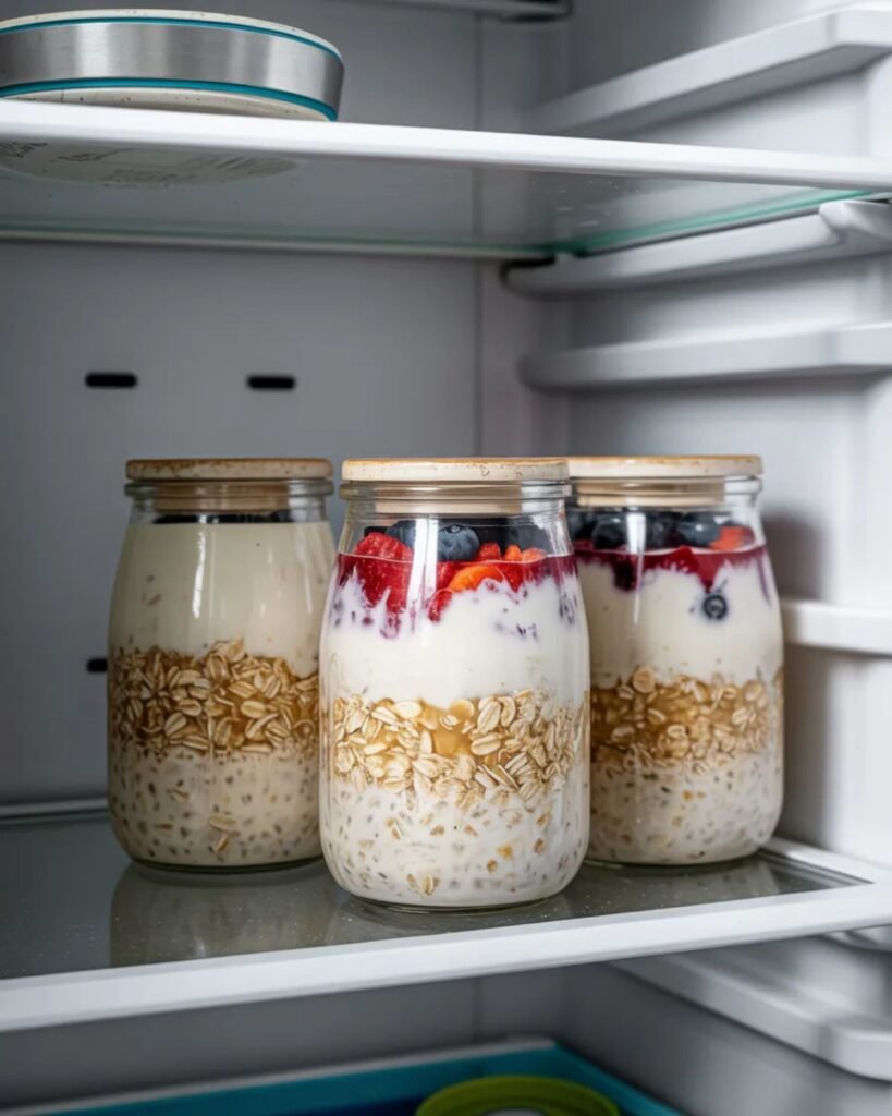 Meal prep jars of high protein overnight oats stored in a refrigerator