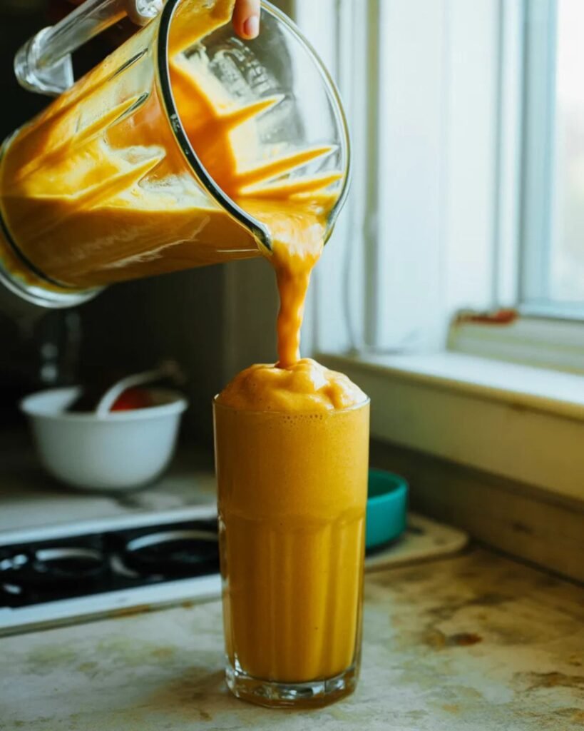 pouring mango pineapple smoothie into glass