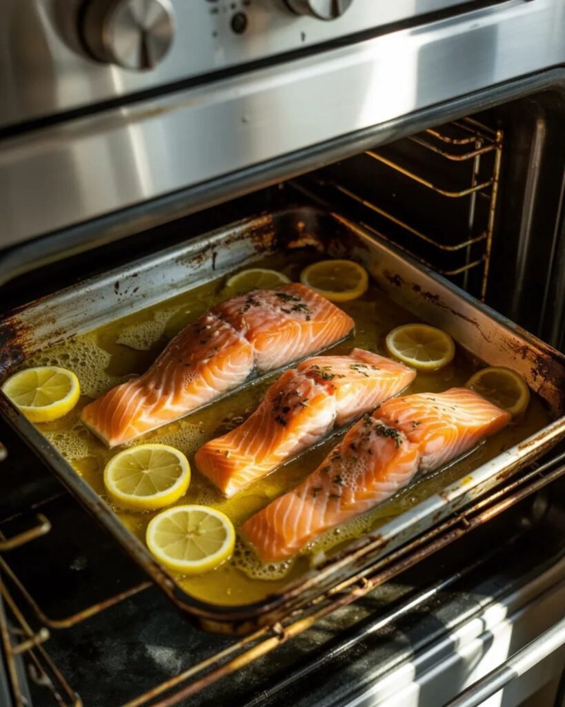 baked lemon garlic salmon cooking in oven tray