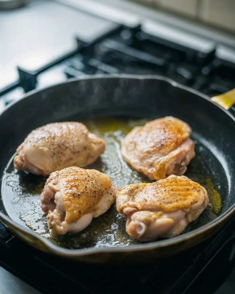 chicken thighs browning in skillet for one pot chicken and rice