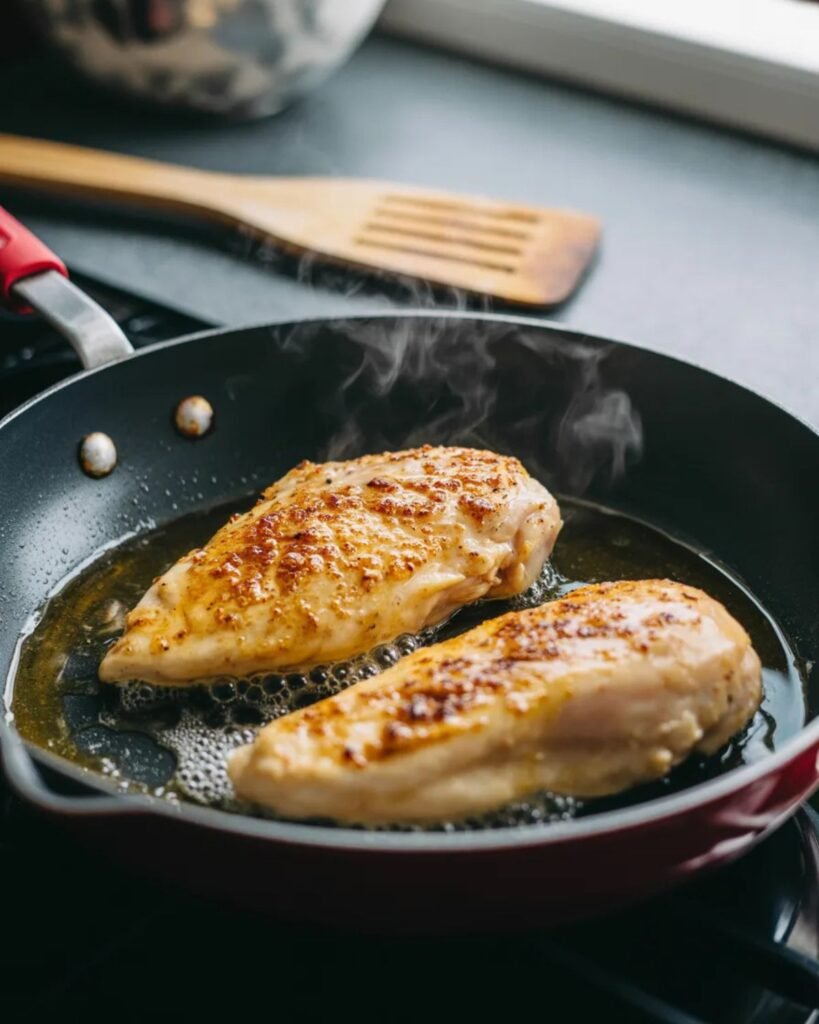 Chicken breasts searing in skillet for creamy garlic chicken recipe