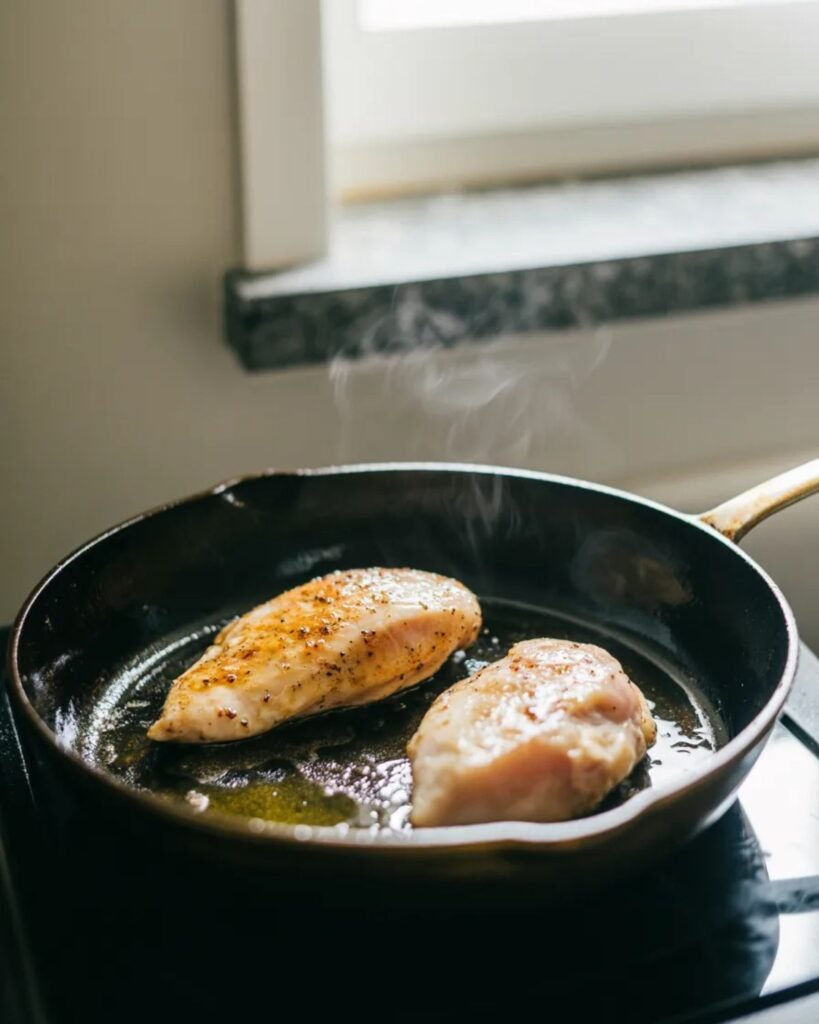 chicken browning in skillet for creamy tuscan chicken
