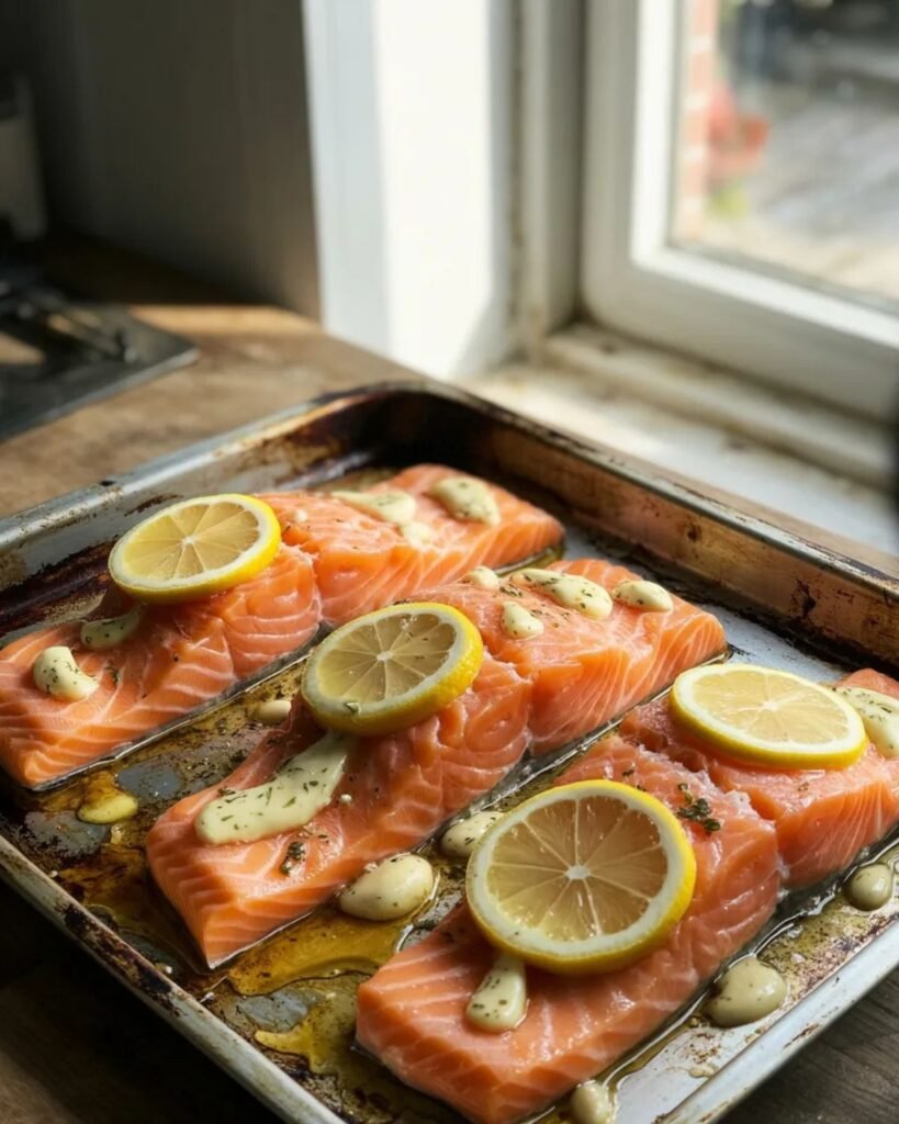 salmon fillets seasoned with garlic butter and lemon before baking