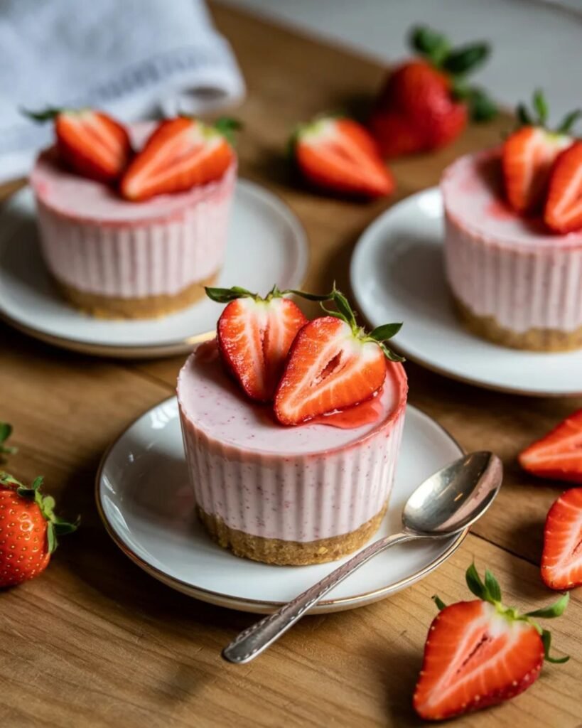 no bake strawberry cheesecake cups served on table with fresh strawberries
