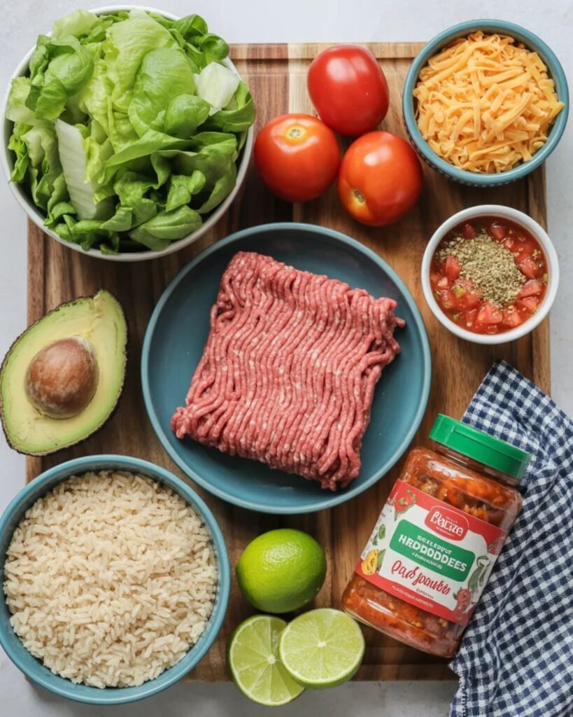 ingredients for ground beef taco bowl recipe