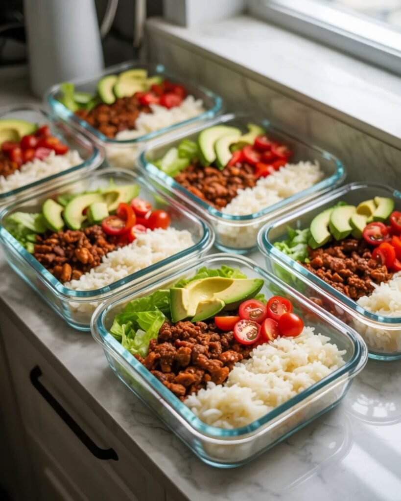 ground beef taco bowl stored in meal prep containers