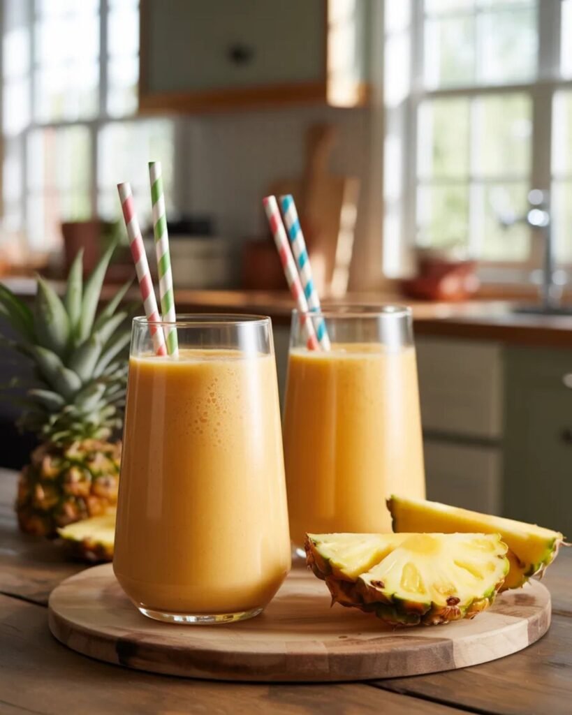 tropical mango pineapple smoothie served in large glasses